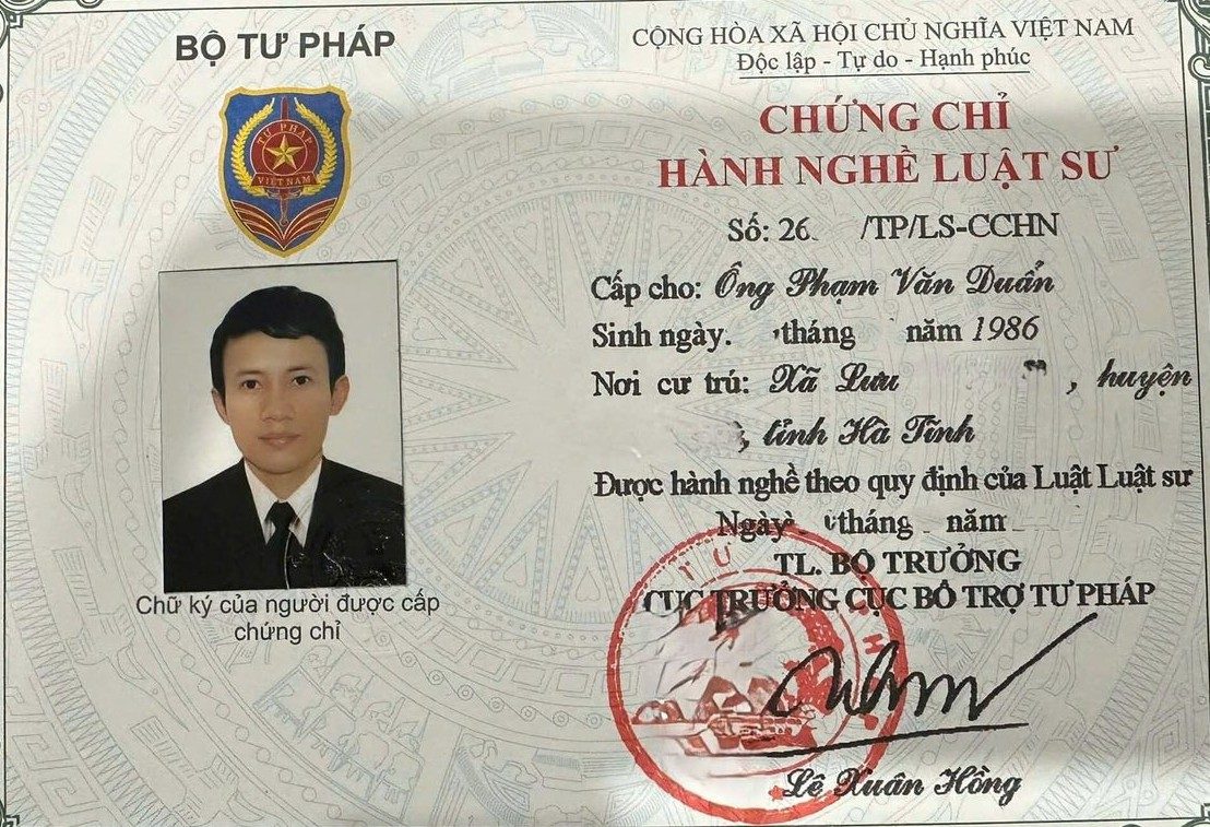 Chứng chỉ hành nghề luật sư Phạm Văn Duẩn - Đoàn Luật sư tỉnh Đồng Nai