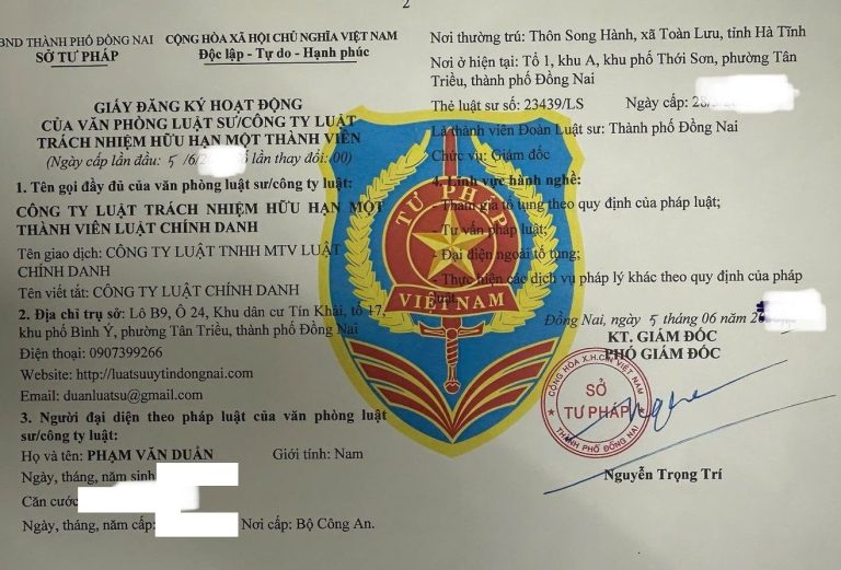 Giấy đăng ký hoạt động Công ty Luật Chính Danh do Sở Tư pháp thành phố Đồng Nai cấp