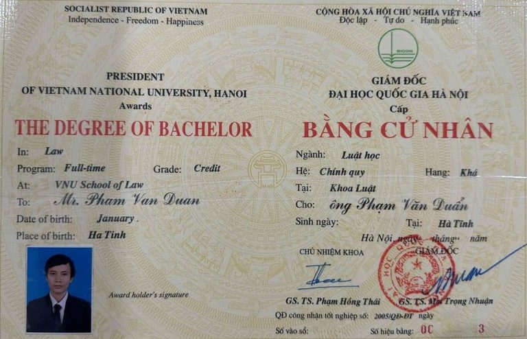 Bằng cử nhân Luật Đại học Quốc gia Hà Nội của Luật sư Phạm Văn Duẩn