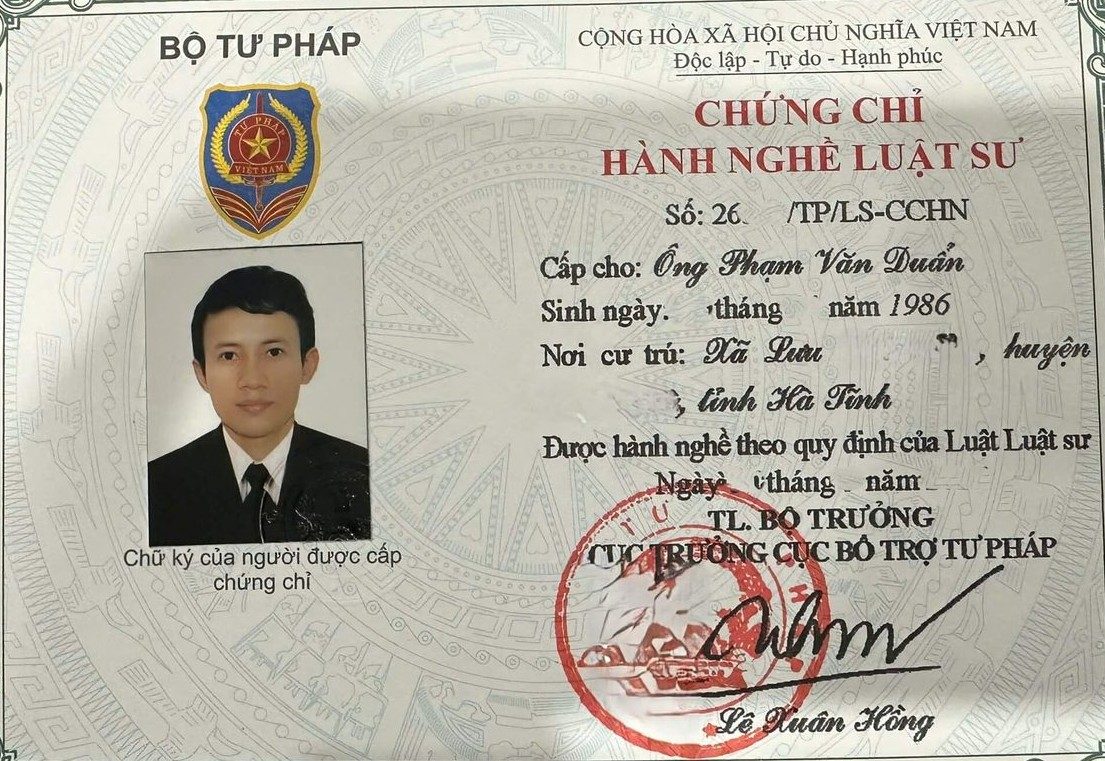 Chứng chỉ hành nghề luật sư Phạm Văn Duẩn - luật sư tư vấn pháp luật tại Đồng Nai