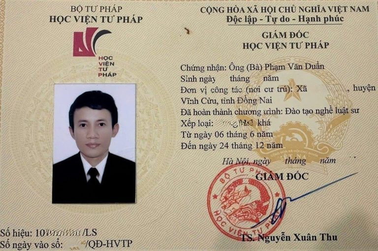 Chứng nhận đào tạo nghề luật sư tại Học viện Tư pháp của Luật sư Phạm Văn Duẩn