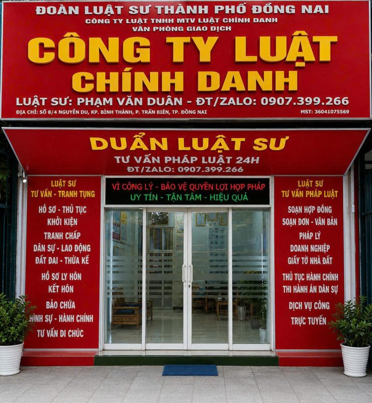 Luật Sư Ly Hôn Tòa Án Khu Vực 9 Đồng Nai (Đồng Xoài – Đồng Phú) 2026 1 Biển hiệu Công ty Luật Chính Danh tại Biên Hòa, Đồng Nai