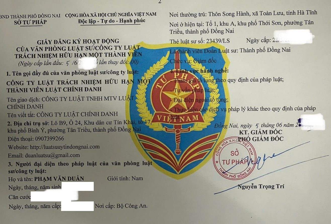 Giấy đăng ký hoạt động Công ty Luật Chính Danh Đồng Nai - pháp nhân minh bạch